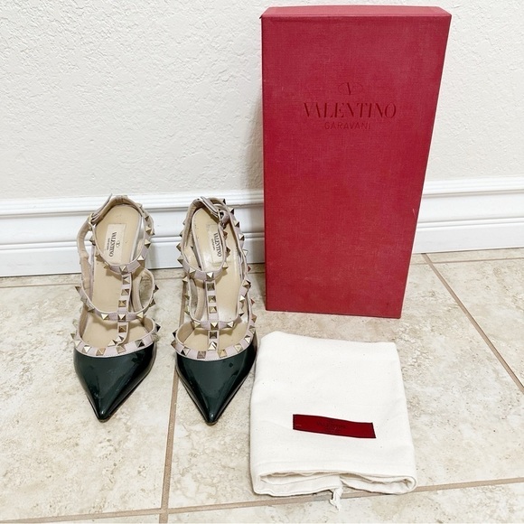 Valentino Green Leather Rockstud Ankle Strap Pumps heels Size 39 - Picture 1 of 7